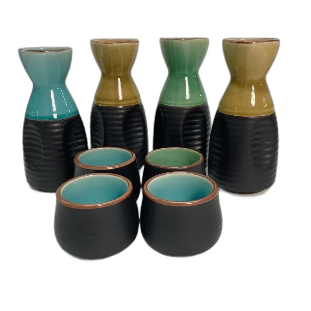 Sake Set 8pc Tokkuri Ochoko Ceramic Multicolor Glaze Japanese Style Gift Set Bar